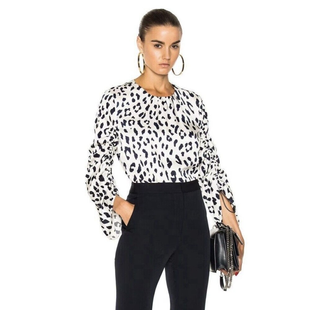 Tibi Silk Blouse Cream Navy Leopard Print Ruched Long Sleeve Back Zipper Top 10